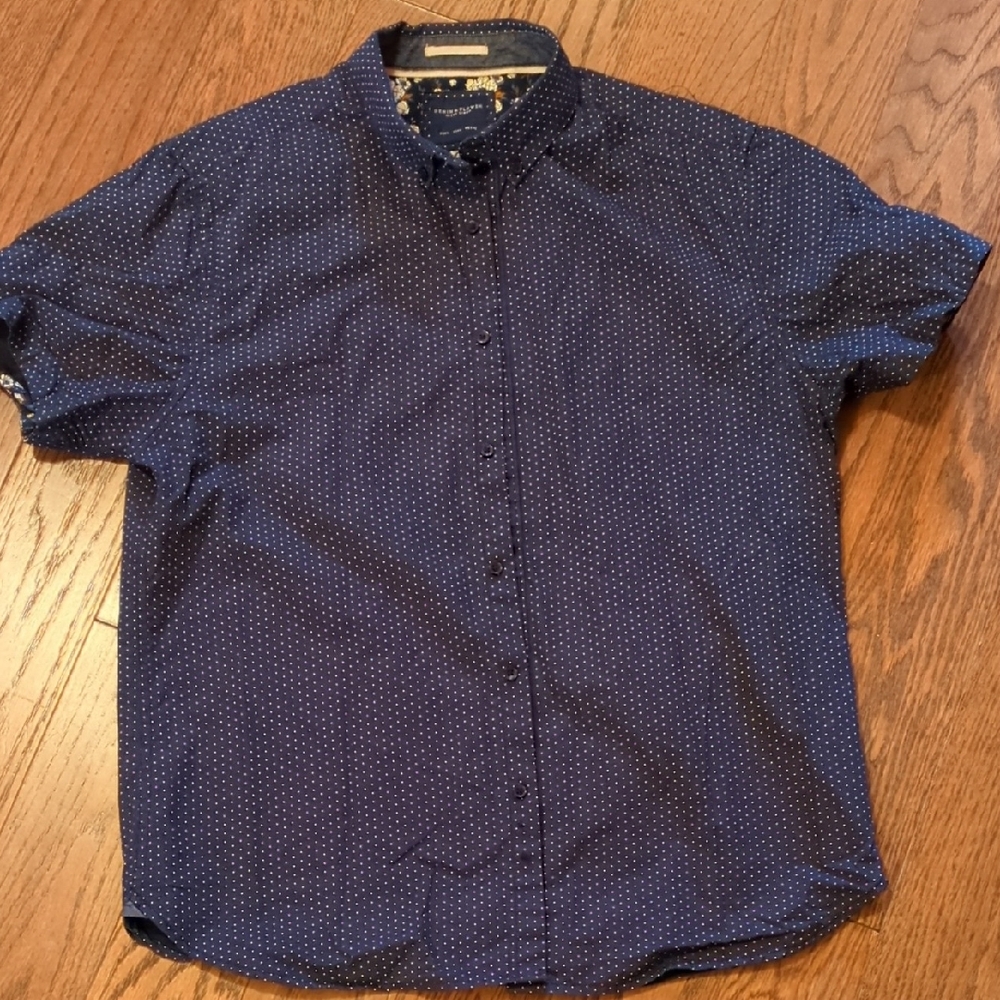 Denim And Flower Dark Blue  Short Sleeve Shirt